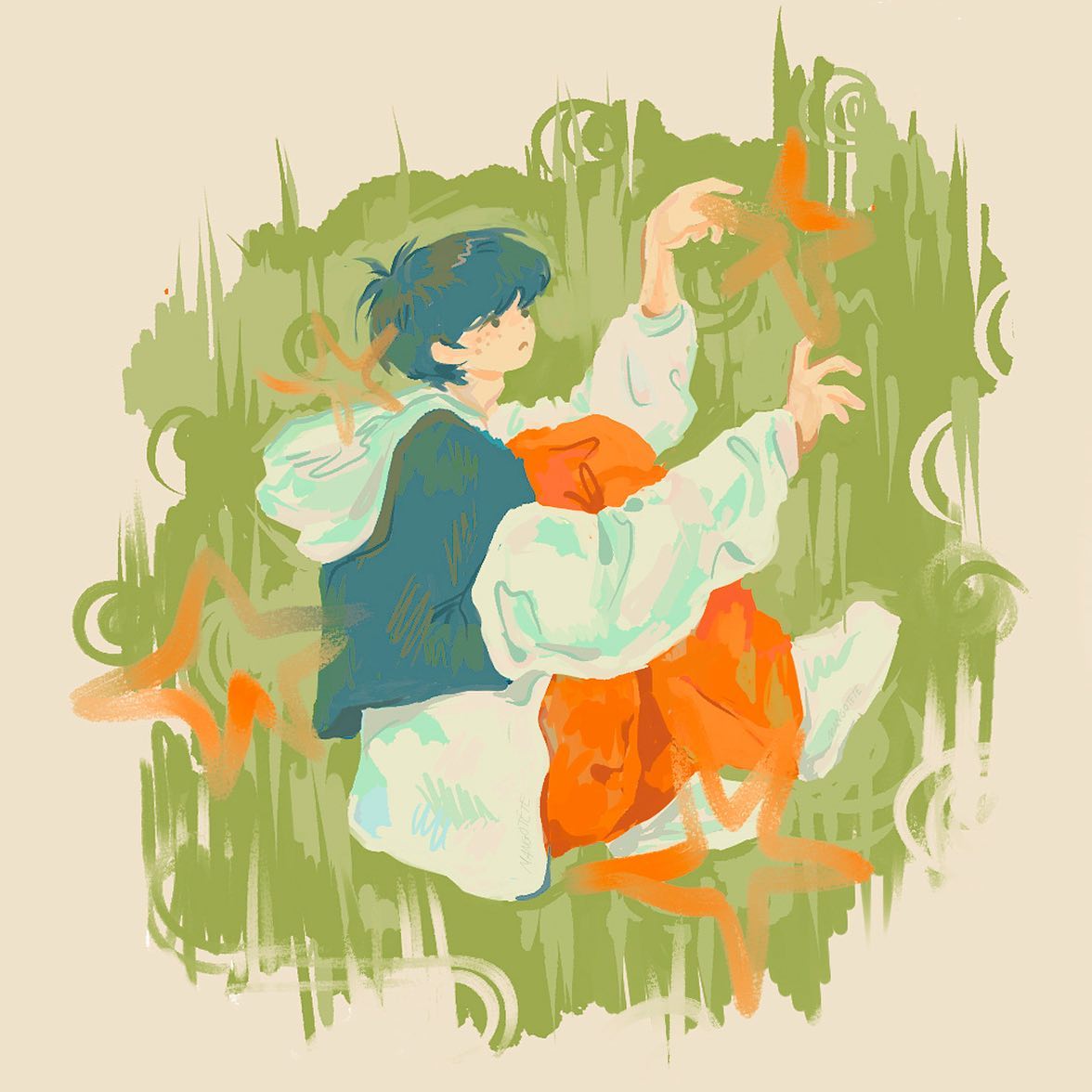Illustration by mangotete: a blue-haired figure in flowing white and orange clothing among green brushwork on a cream background